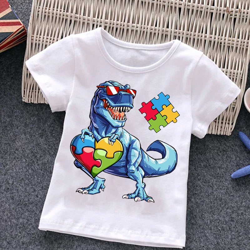 Girls Cartoon Puzzle Cotton Dinosaur T Shirts