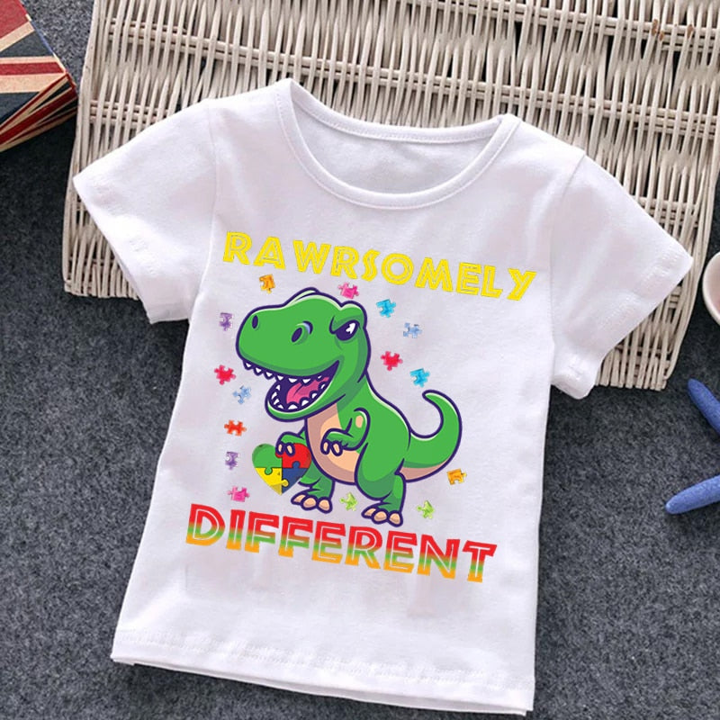 Girls Cartoon Puzzle Cotton Dinosaur T Shirts